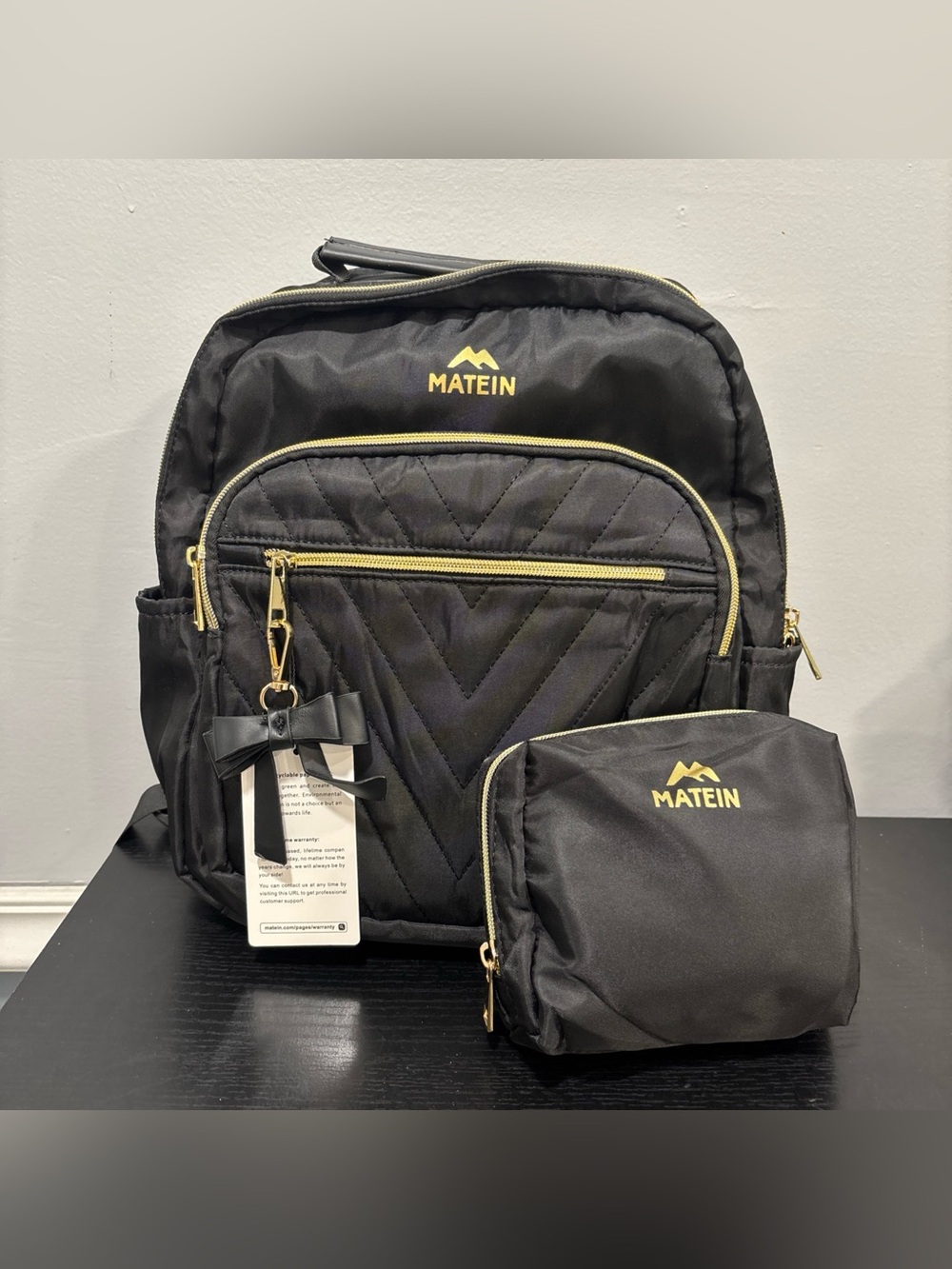 Matein Black Quilted small Backpack with Removable Pouch new w tags bow gold zip